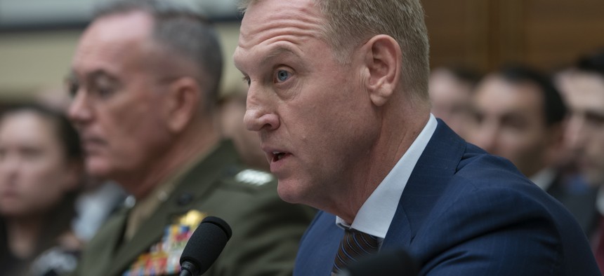 Acting Defense Secretary Patrick Shanahan, joined at left by Chairman of the Joint Chiefs of Staff Gen. Joseph F. Dunford, testifies at a House Armed Services Committee hearing on the fiscal year 2020 Pentagon budget, on Capitol Hill, March 26, 2019.