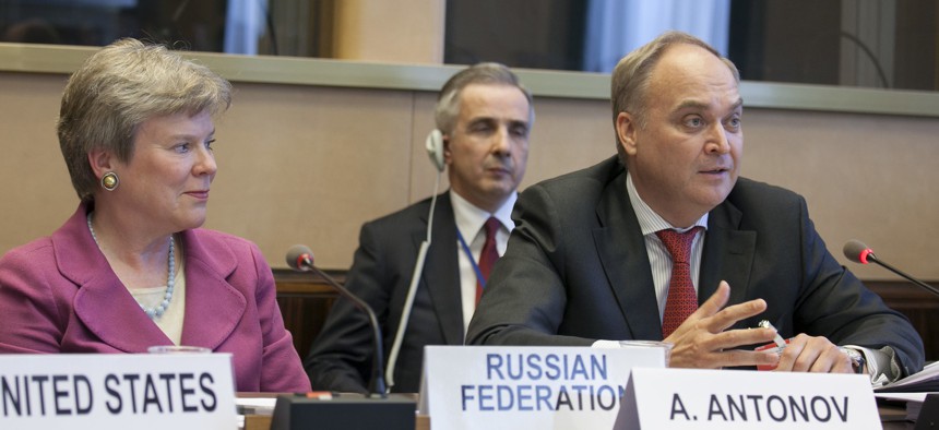 Rose Gottemoeller, then Acting Under Secretary for Arms Control and International Security, joined Anatoly Antonov, then Deputy Minister of Defense of the Russian Federation, in a side event at the 2013 NPT Prepcom in Geneva.