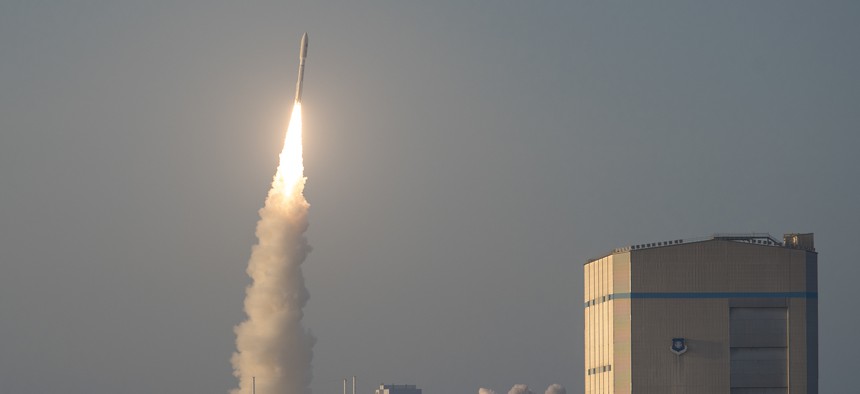 An Atlas V rocket launches from Launch Complex 41 at Cape Canaveral Air Force Station. The base is not listed as a candidate for U.S. Space Command.