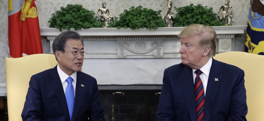 President Donald Trump meets with South Korean President Moon Jae-in in the Oval Office of the White House, Thursday, April 11, 2019, in Washington.