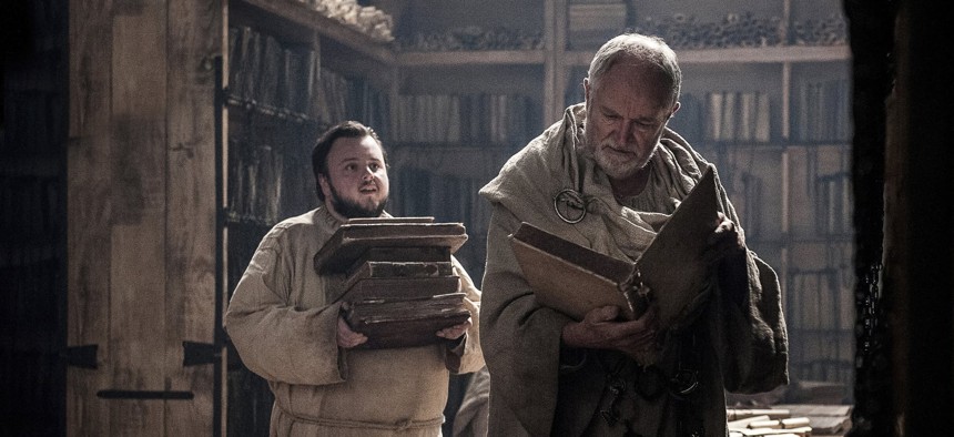 Samwell Tarly, left, a junior intelligence officer of sorts, helps sort through after-action reviews at The Citadel.