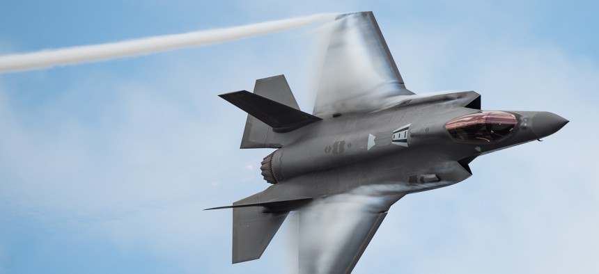 A U.S. Air Force F-35 Joint Strike Fighter flies at an air show in Melbourne, Florida.