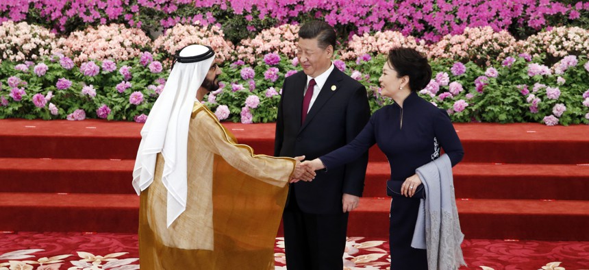 United Arab Emirates Vice President and Prime Minister Mohammed bin Rashid Al Maktoum left, arrives at the Belt and Road Forum hosted by Chinese President Xi Jinping, centre and his wife Peng Liyuan in Beijing on April 26, 2019.