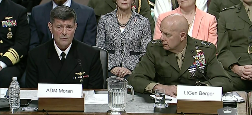 Adm. William F. Moran and Marine Corps Lt. Gen. David H. Berger testify before the Senate Armed Services Committee in Washington, April 30, 2019.