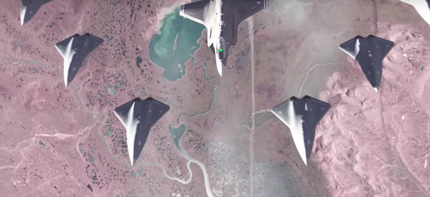 A still from an Air Force Research Lab video depicting the Loyal Wingman program, an F-35 surrounded by intelligent air combat drones.