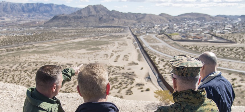 Acting Secretary of Defense Patrick Shanahan, and Marine Corps Gen. Joe Dunford, chairman of the Joint Chiefs of Staff, tour a section of the US-Mexico border at Santa Teresa Station in Sunland Park, New Mexico, Feb. 23, 2019.