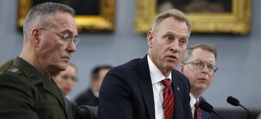 Joint Chiefs of Staff Chairman Gen. Joseph Dunford, left, Acting Defense Secretary Patrick Shanahan, and Acting Deputy Secretary of Defense David Norquist, testify to Congress on May 1, 2019.