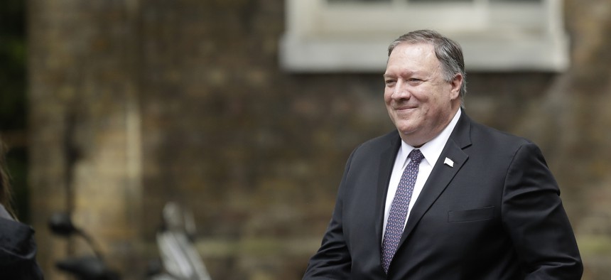 U.S. Secretary of State Mike Pompeo arrives to meet British Prime Minister Theresa May at 10 Downing Street in London, Wednesday, May 8, 2019.