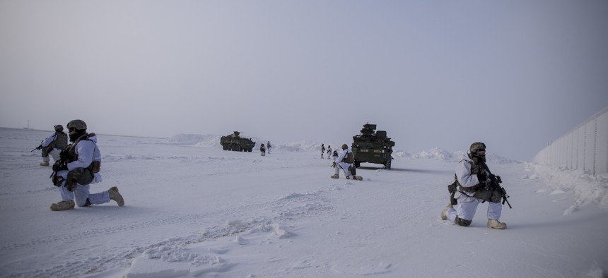 U.S. soldiers provide overwatch during an arctic deployment of Stryker armored vehicles as part of the U.S. Army Alaska-led exercise Arctic Edge 18 at Eleison Air Force Base, Alaska, March 13, 2018.