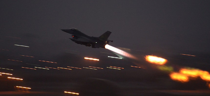An F-16 Fighting Falcon takes off from Incirlik Air Base, Turkey, in support of Operation Inherent Resolve Aug. 12, 2015.