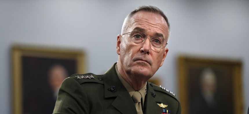 Joint Chiefs of Staff Chairman Gen. Joseph Dunford listens, Wednesday May 1, 2019, during a House Appropriations subcommittee on budget hearing on Capitol Hill in Washington. 