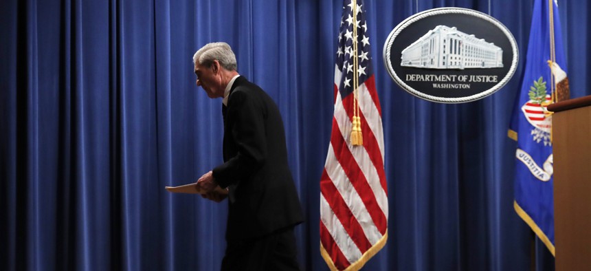 Special counsel Robert Mueller walks from the podium after speaking at the Department of Justice Wednesday, May 29, 2019, in Washington, about the Russia investigation. 