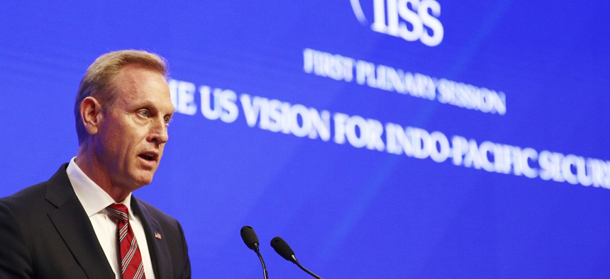 Acting U.S. Secretary of Defense Patrick Shanahan delivers his speech entitled "The U.S. Vision for Indo-Pacific Security" at the 2019 IISS Shangri-la Dialogue in Singapore on June 1, 2019. 