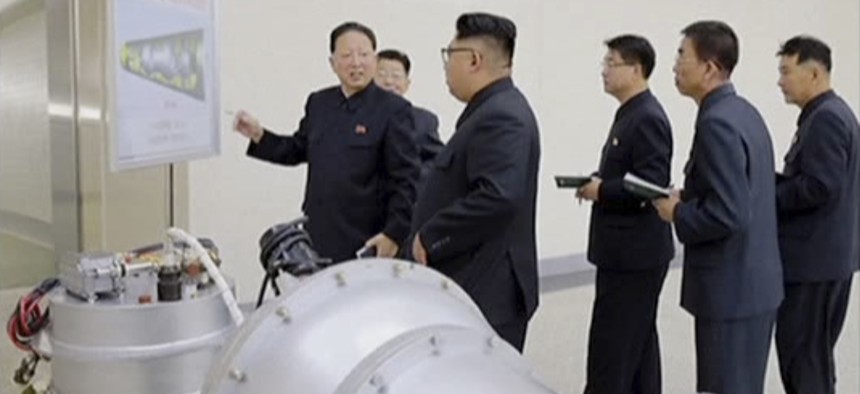 North Korea’s state media on Sunday, Sept 3, 2017, said leader Kim Jong Un inspected the loading of a hydrogen bomb into a new intercontinental ballistic missile.