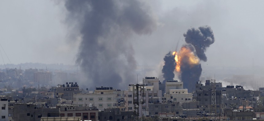 Smoke rises from an explosion caused by an Israeli airstrike in Gaza City, Saturday, May 4, 2019.