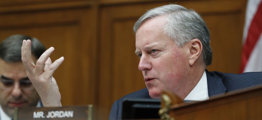Rep. Mark Meadows, R-N.C., asks a question during a House Oversight and Reform committee hearing on facial recognition technology in government, Tuesday June 4, 2019, on Capitol Hill in Washington.
