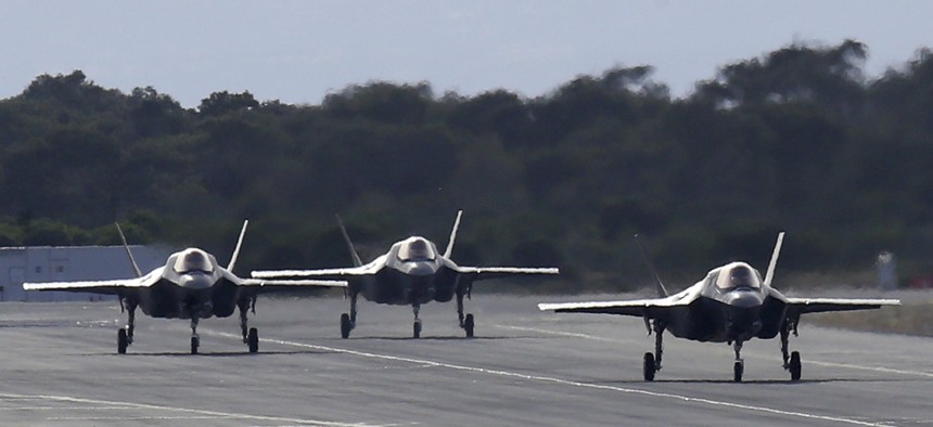F-35B aircraft pass on a runway after landing at the Akrotiri Royal air forces base near city of Limassol, Cyprus, Tuesday, May 21, 2019.