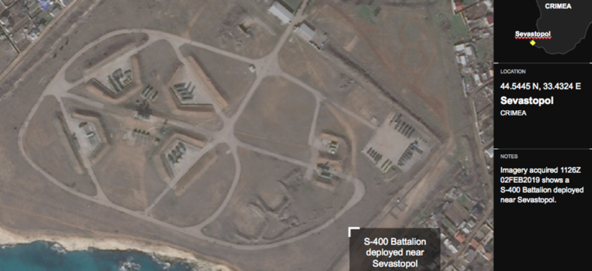 This satellite photo from Planet Labs shows a Russian S-400 air-defense installation near Sevastopol, Crimea.