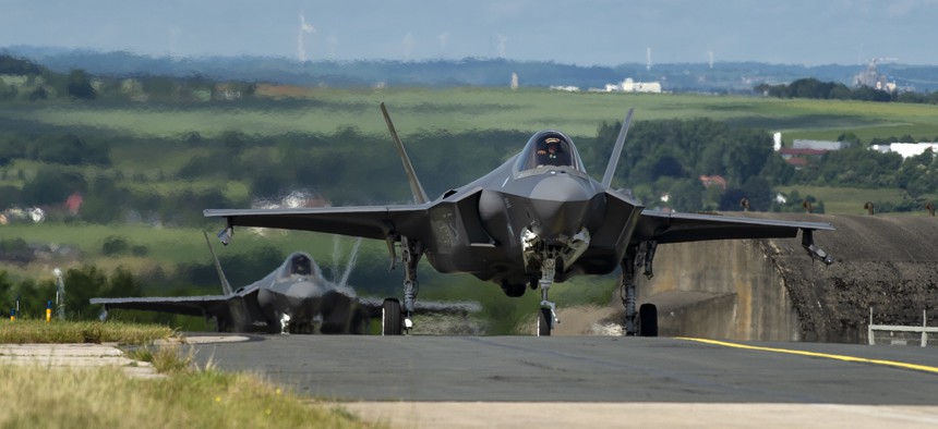 U.S. Air Force F-35A Lightning II fighter aircraft, assigned to the 421st Fighter Squadron, Hill Air Force Base, Utah, taxi on the flightline at Spangdahlem Air Base, Germany, June 11, 2019.