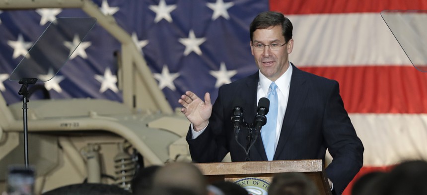 Army Secretary Mark Esper, who will become acting secretary of defense on June 23, speaks to soldiers and family members in Ft. Bragg, N.C., Monday, April 15, 2019.