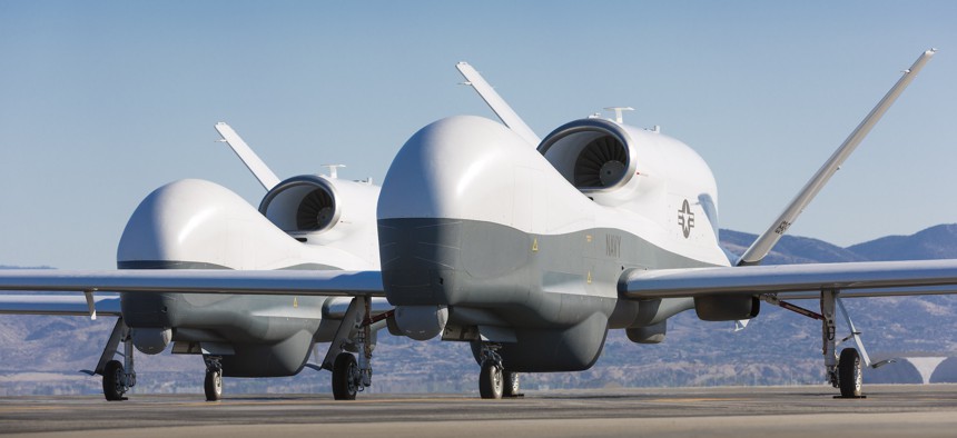 Two MQ-4C Triton Unmanned Air System vehicles at Northrop Grumman. 