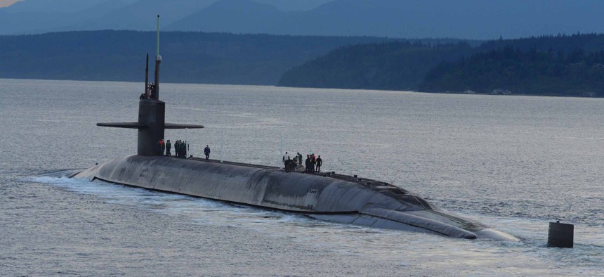 The ballistic-missile submarine USS Henry M. Jackson (SSBN 730) arrives home at Naval Base Kitsap-Bangor following a strategic deterrent patrol in 2015.