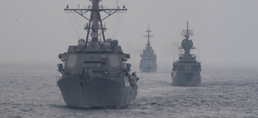 From left, the U.S. Navy destroyer USS Spruance, the Royal Australian Navy frigate HMAS Ballarat , and the French Navy destroyer FS Cassard (D 614) during anti-submarine warfare exercise SHAREM 195 in the Arabian Sea, Dec. 14, 2018.