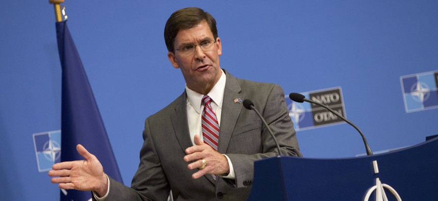Acting U.S. Secretary for Defense Mark Esper speaks during a media conference at the conclusion of a meeting of NATO defense ministers at NATO headquarters in Brussels, Thursday, June 27, 2019.