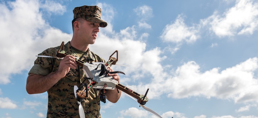 Lance Cpl. Nicholas Hettinga, 2nd Tank Battalion, 2nd Marine Division, prepares to pilot a 3-D printed unmanned aircraft system, or drone, during a Sept. 27, 2017, test flight at Camp Lejeune, North Carolina.