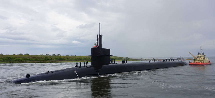 he Ohio-class ballistic-missile submarine USS Rhode Island (SSBN 740) (Blue) returns to Naval Submarine Base Kings Bay, Ga., following a Demonstration and Shakedown Operation (DASO) where Rhode Island completed a test flight of an unarmed Trident II D5 mi