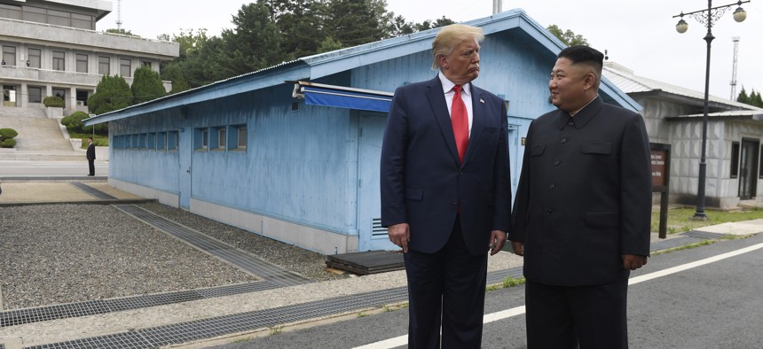 President Donald Trump meets with North Korean leader Kim Jong Un at the border village of Panmunjom in Demilitarized Zone, South Korea.