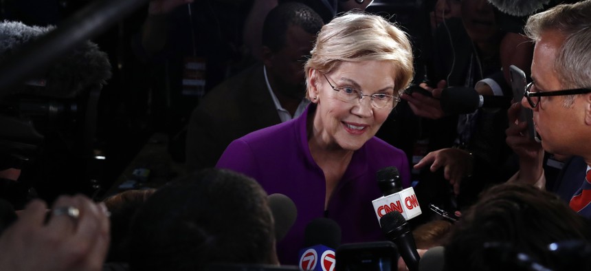 Democratic presidential candidate Sen. Elizabeth Warren, D-Mass., answers questions after a Democratic primary debate on June 26.
