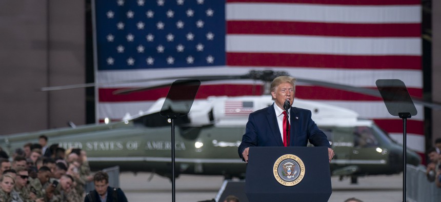 President Donald J. Trump addresses military personnel and their families Sunday, June 30, 2019, at Osan Air Base, Korea. 