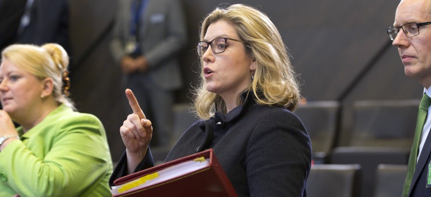 British Defense Secretary Penny Mordaunt attends a meeting of NATO defense ministers at NATO headquarters in Brussels, Wednesday, June 26, 2019.