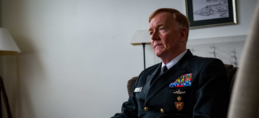 Adm. James G. Foggo III, commander, U.S. Naval Forces Europe-Africa and commander, Allied Joint Force Command Naples, Italy, speaks with Norwegian media in Bergen, Norway, April 10, 2019. 