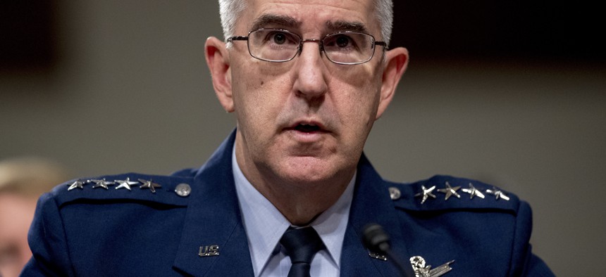 U.S. Strategic Command Commander Gen. John Hyten testifies before a Senate Armed Services Committee hearing on Capitol Hill in Washington, Thursday, April 11, 2019, on the proposed Space Force.