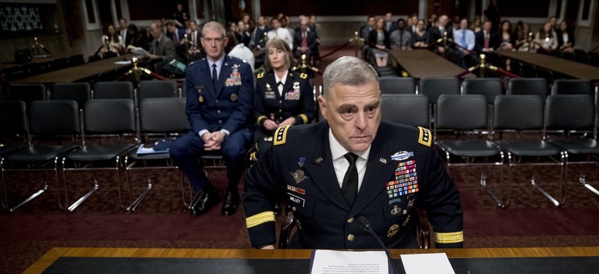 Gen. Mark Milley appears before a Senate Armed Services Committee hearing on Capitol Hill in Washington, Thursday, July 11, 2019, for reappointment to the grade of general and to be Joint Chiefs of Staff Chairman.