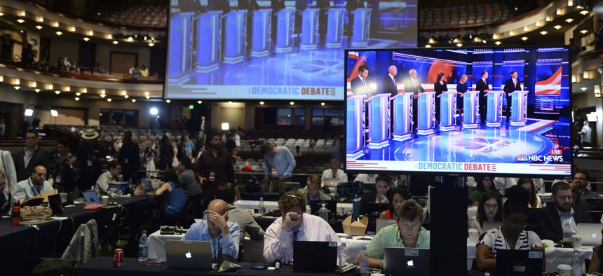 Atmosphere in the spin room following the 2020 Democratic Party presidential debates held at The Adrienne Arsht Center on June 27, 2019 in Miami Florida.