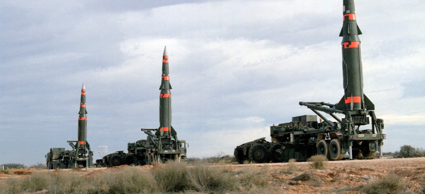 Several Pershing II missiles are prepared for launching at Fort Bliss McGregor Range in 1987.