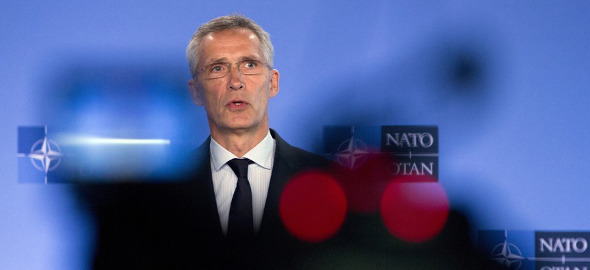 NATO Secretary General Jens Stoltenberg speaks during a media conference at NATO headquarters in Brussels, Friday, July 5, 2019.
