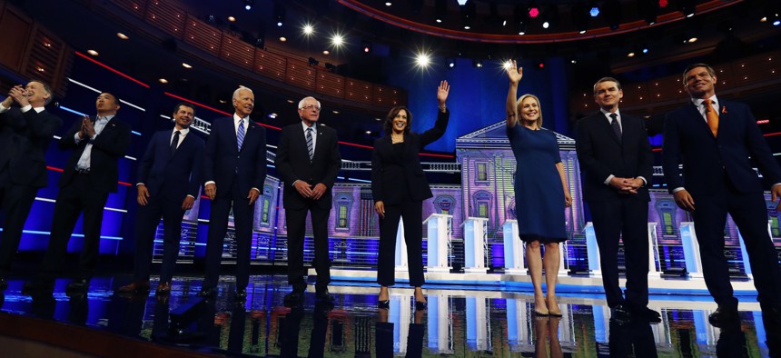 This June 27, 2019, file photo shows Democratic presidential candidates on the second night of the Democratic primary debate.