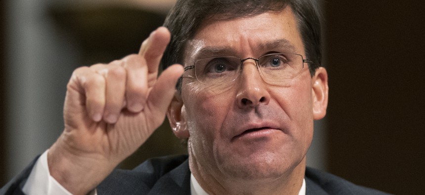 Secretary of the Army and Secretary of Defense nominee Mark Esper testifies before a Senate Armed Services Committee confirmation hearing on Capitol Hill in Washington, Tuesday, July 16, 2019.