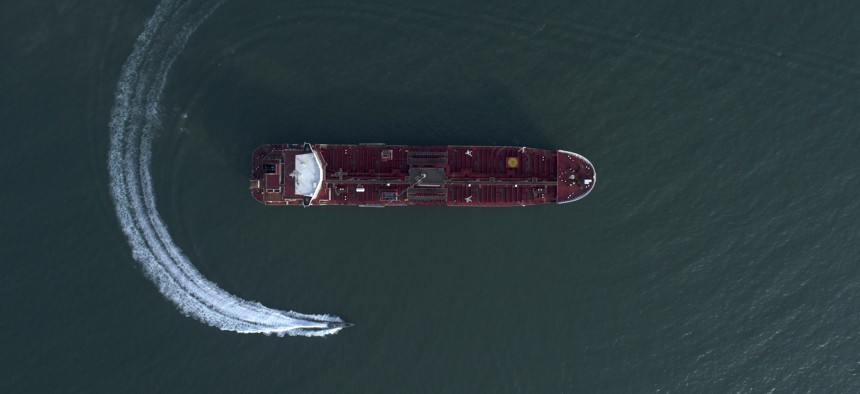 On July 21, 2019, a speedboat of Iran's Revolutionary Guard moving around the British-flagged oil tanker Stena Impero which was seized in the Strait of Hormuz on Friday by the Guard, in the Iranian port of Bandar Abbas.