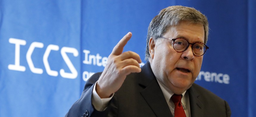 U.S. Attorney General William Barr addresses the International Conference on Cyber Security, hosted by the FBI and Fordham University, at Fordham University in New York, Tuesday, July 23, 2019.