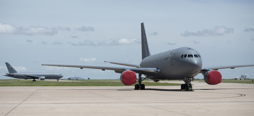 A fourth KC-46 Pegasus lands on the flight line, May 18, 2019, at Altus Air Force Base, Okla. 