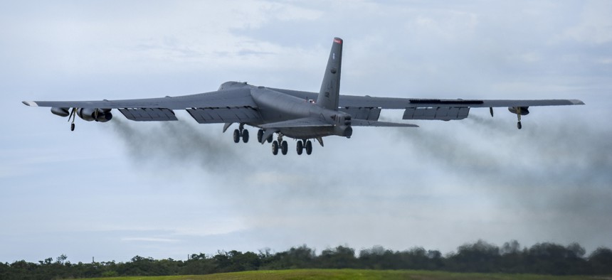 A U.S. Air Force B-52H Stratofortress bomber takes off from Andersen Air Force Base, Guam, for a routine training mission in the vicinity of the South China Sea and Indian Ocean, Sept 23, 2018.