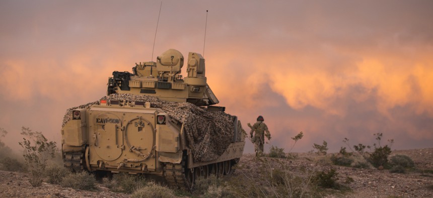 An M2 Bradley Fighting Vehicle during an exercise at the National Training Center, Fort Irwin, Calif.