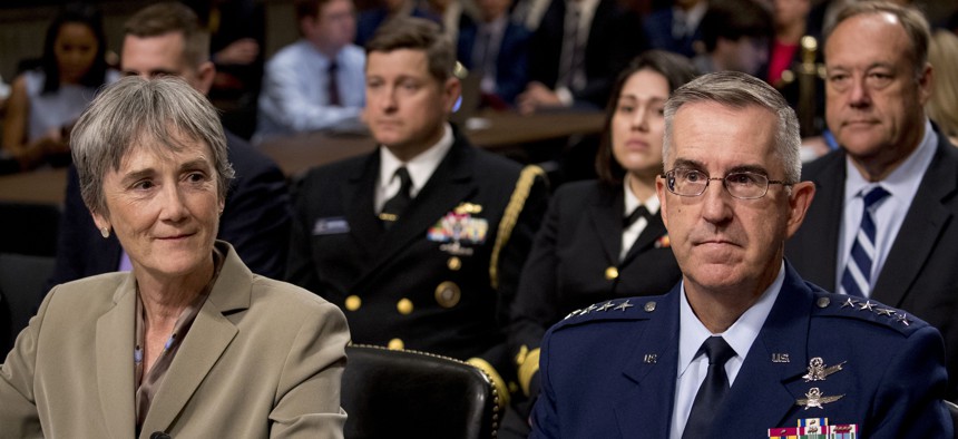 Former Air Force Secretary Heather Wilson and Gen. John Hyten appear before a Senate Armed Services Committee in Washington on July 30, 2019, for Hyten's confirmation hearing to be Vice Chairman of the Joint Chiefs of Staff.