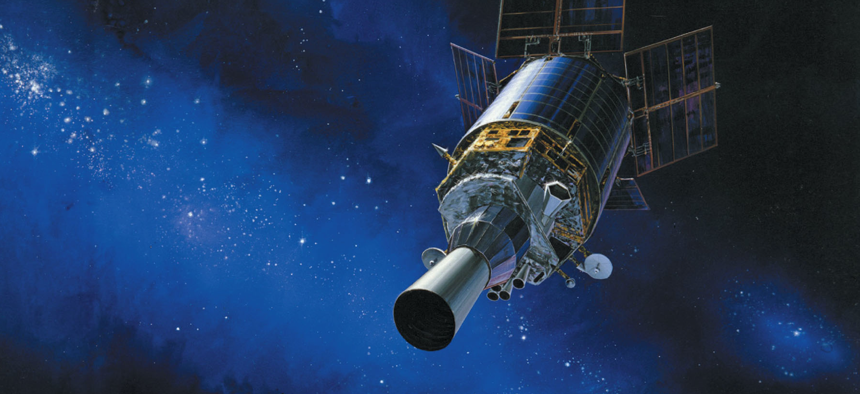 Artist's rendering of a Defense Support Program (DSP) satellite in orbit. 