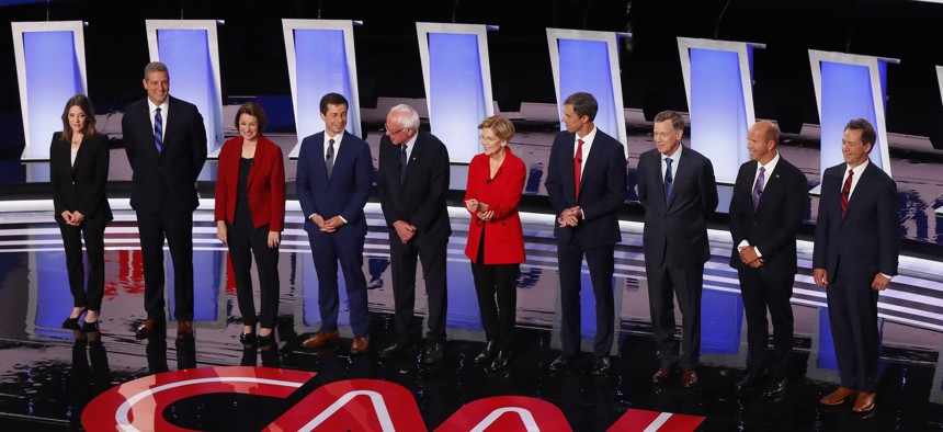 Candidates take the stage for the first of two Democratic presidential primary debates hosted by CNN Tuesday, July 30, 2019, in the Fox Theatre in Detroit. 